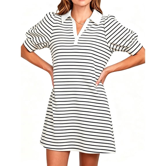 Stripe Printing Women Short Sleeve V Neck Casual Mini Shirt Dresss