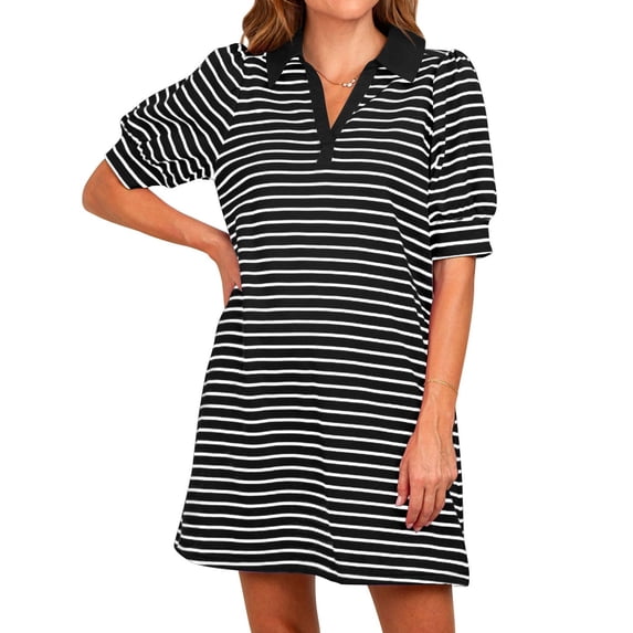 Stripe Printing Women Short Sleeve V Neck Casual Mini Shirt Dresss