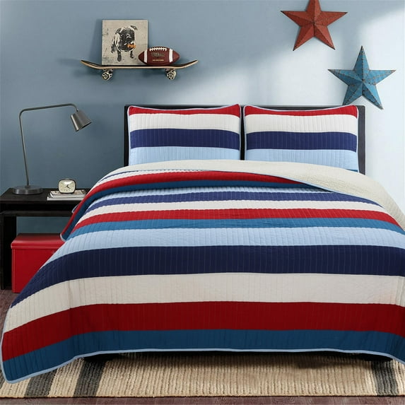 Stripe Quilt Set 3Pcs Bedding Set Bedroom Bed Reversible 100% Cotton Full/Queen Size