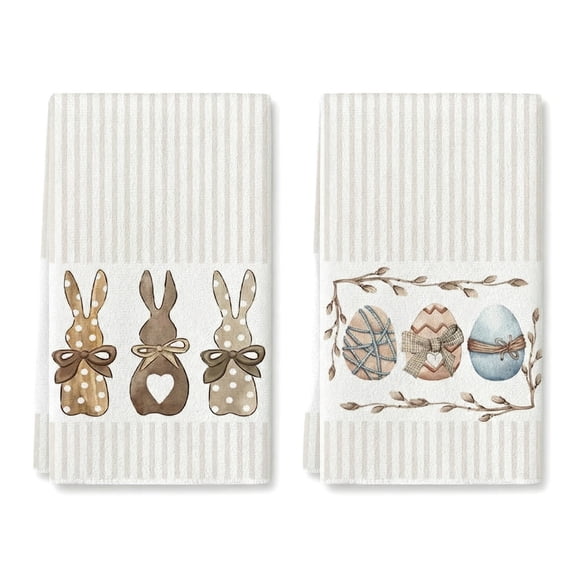 Stripe Rabbit Bunny Eggs Easter Kitchen Towels Dish Towels, 18x26 Inch Spring Decoration Hand Towels Set of 2