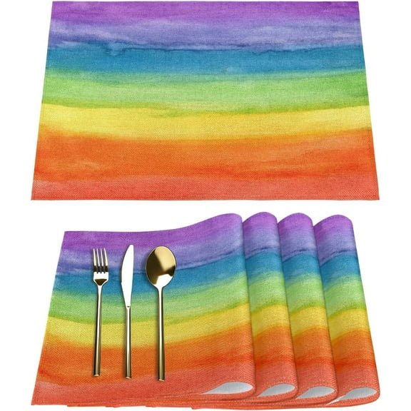 Stripe Rainbow Placemats Set of 6 Fabric Placemats Square Placemat for Kitchen Table Heat Resistant, Easy to Clean Table Placemats 12x18 Inch