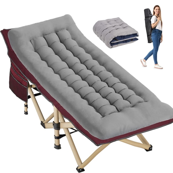 Stripe Red Folding Camping Cot With Integrated Mattress, Heavy Duty Portable Bed 550 Lbs Capacity, Extra Wide With Storage Pocket