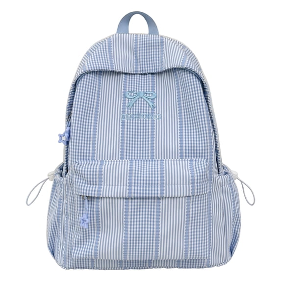 Stripe School Backpack, Bowknot Embroidery Bag with Drawstring Side Pockets, Lightweight Breathable Bookbag for College Travel (Blue)
