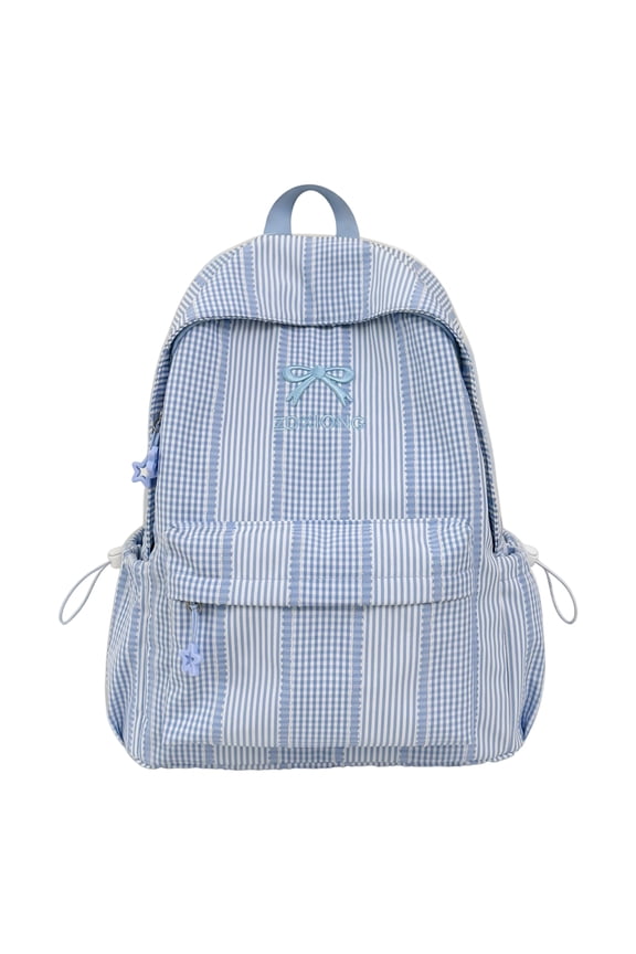 Stripe School Backpack, Bowknot Embroidery Bag with Drawstring Side Pockets, Lightweight Breathable Bookbag for College Travel (Blue)