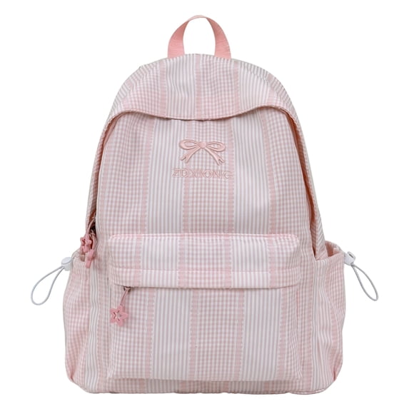 Stripe School Backpack, Bowknot Embroidery Bag with Drawstring Side Pockets, Lightweight Breathable Bookbag for College Travel (Pink)