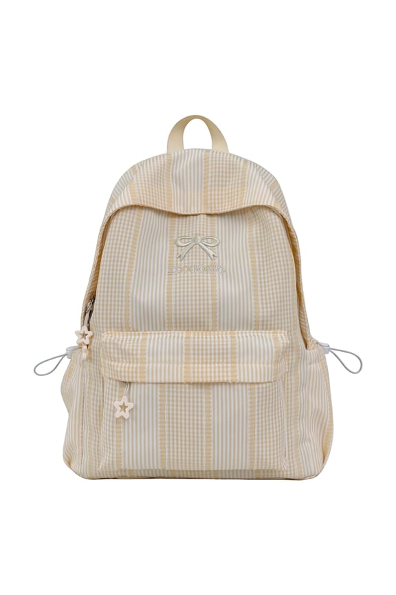Stripe School Backpack, Bowknot Embroidery Bag with Drawstring Side Pockets, Lightweight Breathable Bookbag for College Travel (Yellow)
