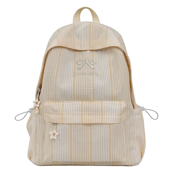 Stripe School Backpack, Bowknot Embroidery Bag with Drawstring Side Pockets, Lightweight Breathable Bookbag for College Travel (Yellow)