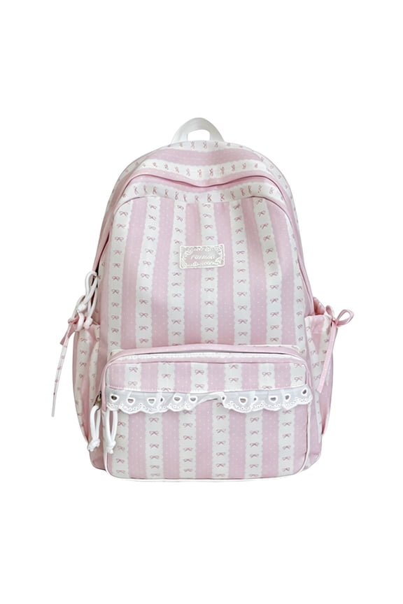 Stripe School Backpack, Cute Aesthetic Backpack with Bowknot, Spacious Lace Trim Bag for Travel College Work (Pink)