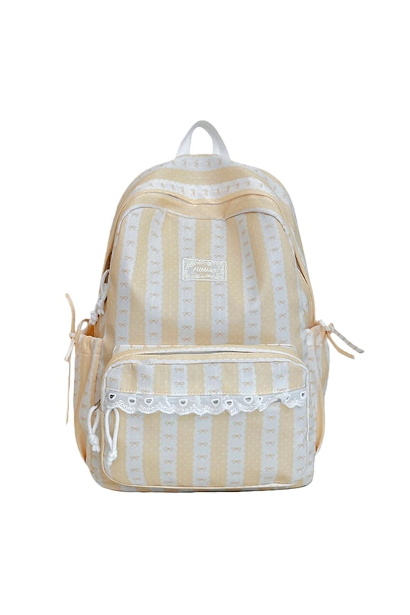 Stripe School Backpack, Cute Aesthetic Backpack with Bowknot, Spacious Lace Trim Bag for Travel College Work, Pink