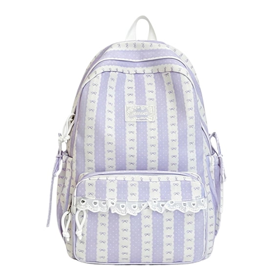 Stripe School Backpack, Cute Aesthetic Backpack with Bowknot, Spacious Lace Trim Bag for Travel College Work, Purple