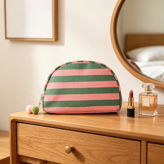 Stripe Seashell Cosmetic Bag,Zipper Closure Compact Seashell Shape Spacious Inner Compartment,Toiletry Storage For Commute Travel School Daily Makeup Small Item Organization