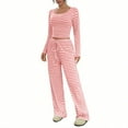 thumbnail image 1 of Stripe Sets for Women 2 Pieces Loungewear Set Crewneck Shirts Long Sleeve Tops Tight-Fitting Pullover & Wide Leg Pants Casual Pajama Outfits Drawstring Clothing Fashion Clothes 2025, 1 of 7