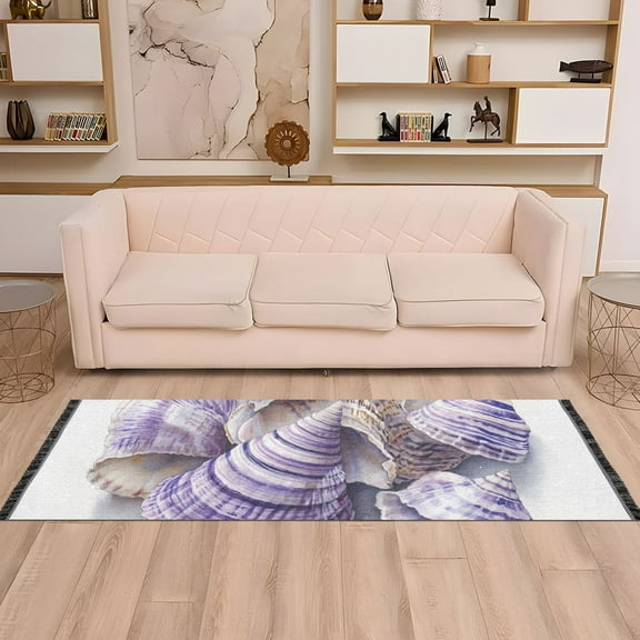 Stripe Shells Purple Runner Rug Non-Slip Area Rugs Linen Washable Non Shedding for Kitchen Bedroom Carpet
