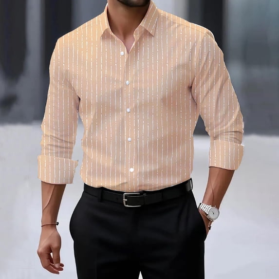Stripe Shirts for Men Long Sleeve Button-Down Collared Tshirts Shirt Mens Business Casual Stripe Printed Stretchy Slim Lapel Office Work Tees Tops