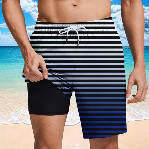 Stripe Shorts for Men with Pockets and Lining Drawstring Elastic Waist Casual Straight Wide Leg Loungewear Hawaiian Beach Board Short