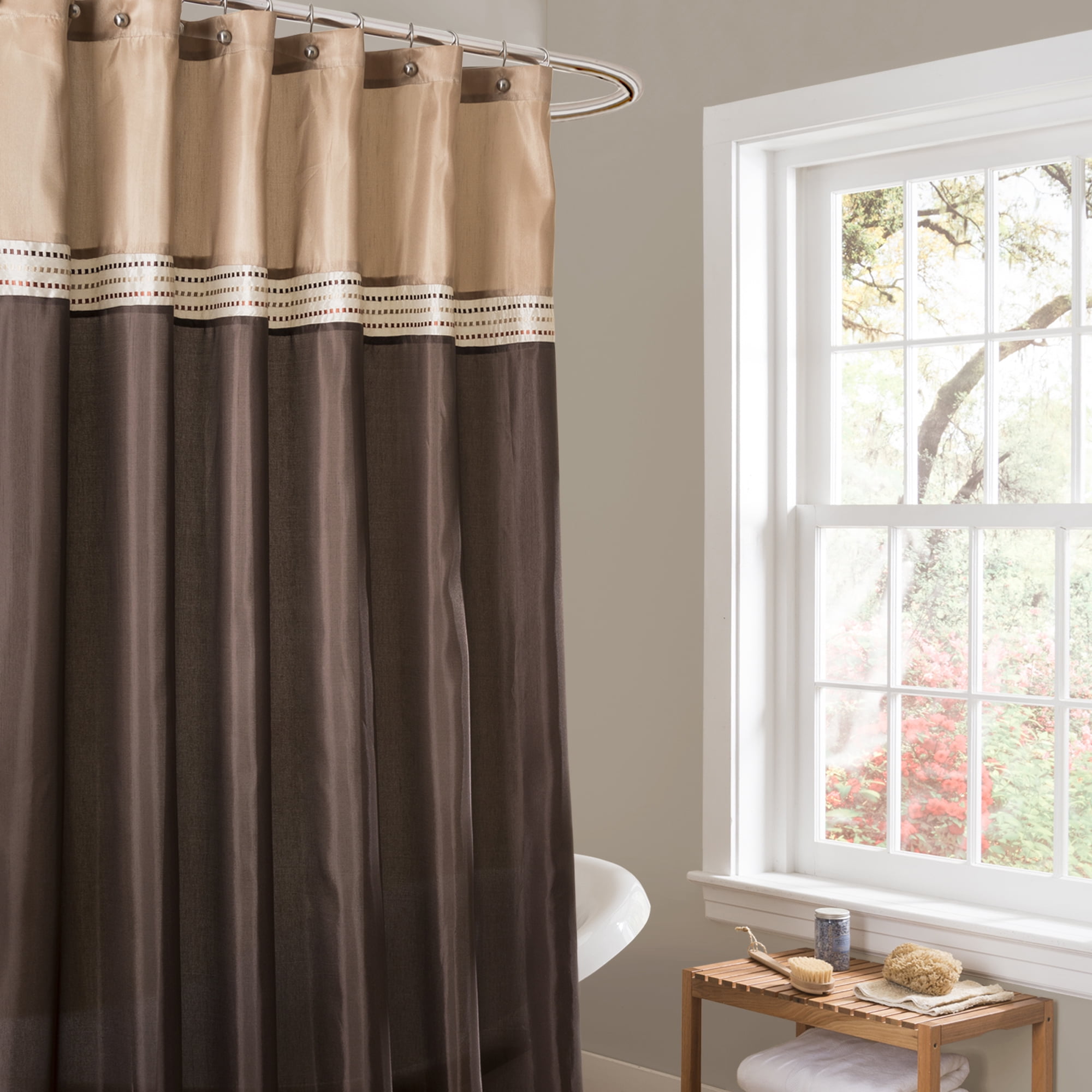 Neutral Brown and Beige Fabric Striped Shower Curtain