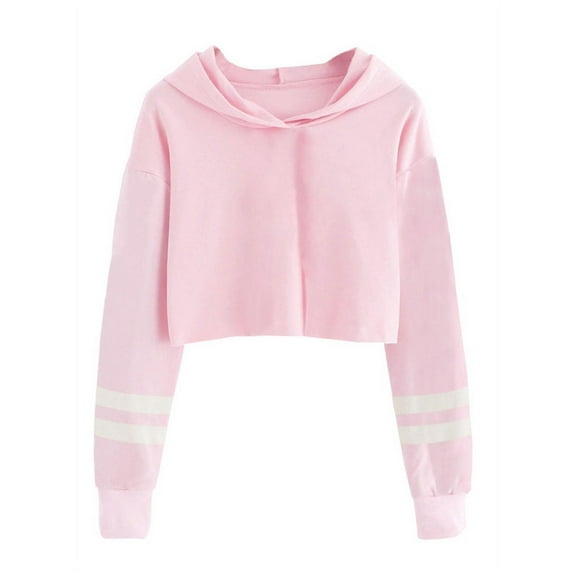 Stripe Sleeve Girls Short Hoodies Casual Kid Child Hooded Crop Tops