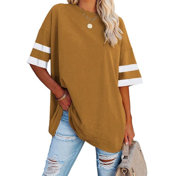 Stripe Sleeve Women Loose Casual T-Shirt Round Neck Crew Neck Oversize Tops