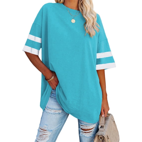 Stripe Sleeve Women Loose Casual T-Shirt Round Neck Crew Neck Oversize Tops