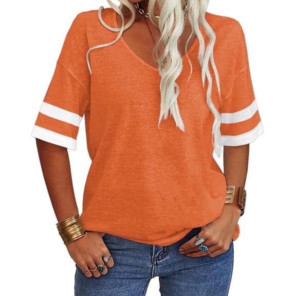 Stripe Sleeved Women Summer Casual V-neck T-shirt Loose Simple Tops