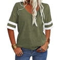 thumbnail image 1 of Stripe Sleeved Women Summer Casual V-neck T-shirt Loose Simple Tops, 1 of 5