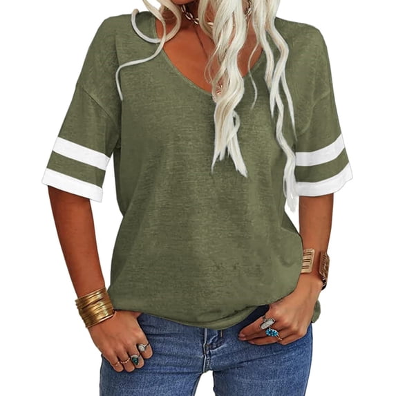 Stripe Sleeved Women Summer Casual V-neck T-shirt Loose Simple Tops