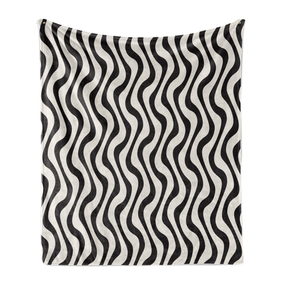Stripe Soft Flannel Fleece Throw Blanket, Continuous Abstract Pattern with Wavy Lines Monochromatic Simplicity, Cozy Plush for Indoor and Outdoor Use, 70" x 90", Ivory and Charcoal Grey, by Ambesonne