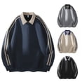 thumbnail image 1 of Stripe Splicing Design Lapel Sweater, Loose Casual Jacket Retro Fashion Sweatshirt for Street Style, Weekend Wear and Urban Fashion,Navy,2XL, 1 of 4