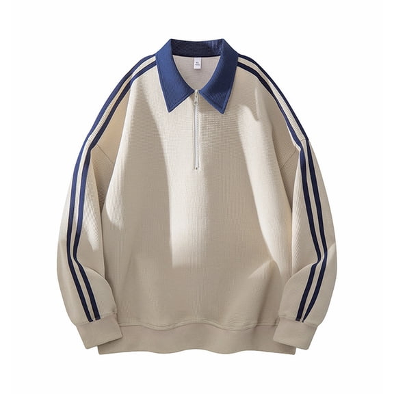 Stripe Splicing Design Sense Lapel Sweater Loose Casual Jacket Retro Fashion Sweatshirt for Casual Outfits and Leisure Activities - Stylish and Versatile Men's Top,Khaki,M