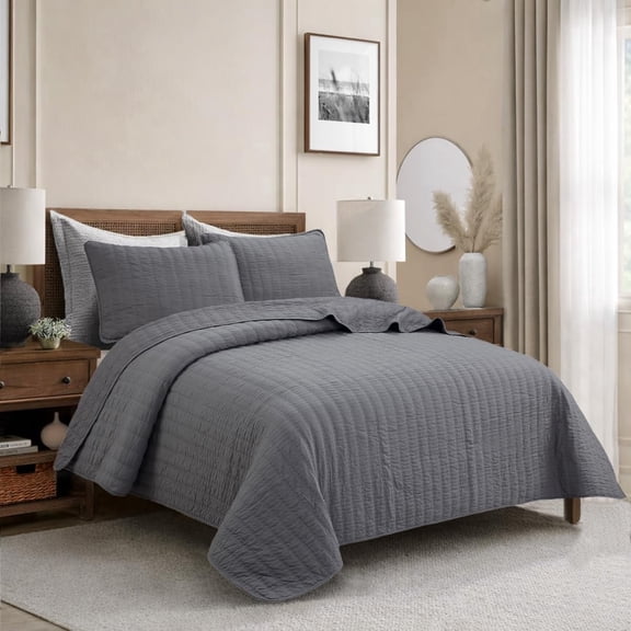 Stripe Staple Channel Lines Classic Solid Chic Gray 3 Piece Cotton Queen Quilt Bedding Set