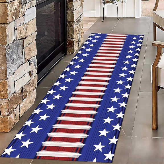Stripe and Star Hallway Runner Rug, 2x6ft, Modern Abstract Red Blue Stripes White Stars Ladder USA Flag Carpet, Fade Resistant Cozy Indoor Floor Rugs for Living Room Classroom