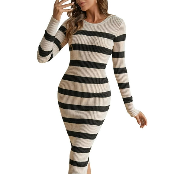 Stripe Sweater Dress for Women 2025 Casual Ribbed Knit Fitted midi Fall Winter Bodycon Crew Neck Dresses