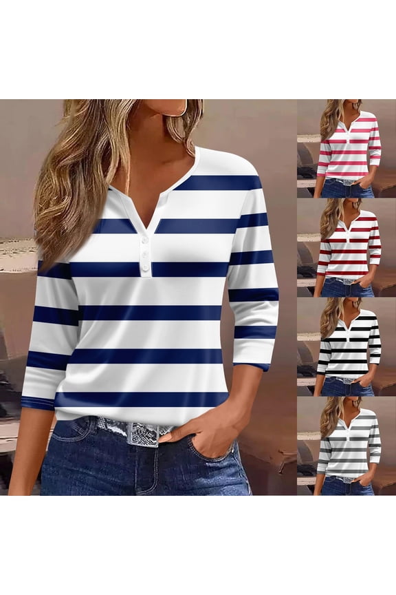 Stripe T Shirts for Women 3/4 Sleeve V Neck Tee Casual Tshirt Ladies Summer Tunic Top Brick Red L