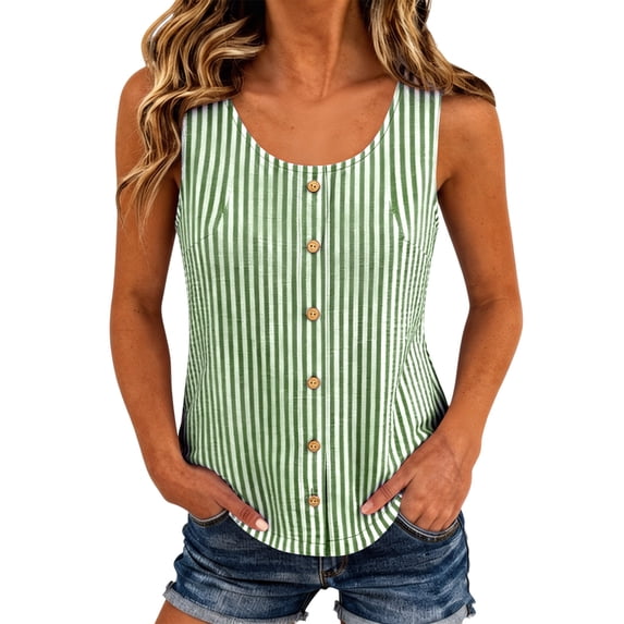 Stripe Tank Top for Women Crew Neck Sleeveless Loose Fit Button up Casual Tee Shirts Summer Fashion Tunic Tops Blouse Army Green