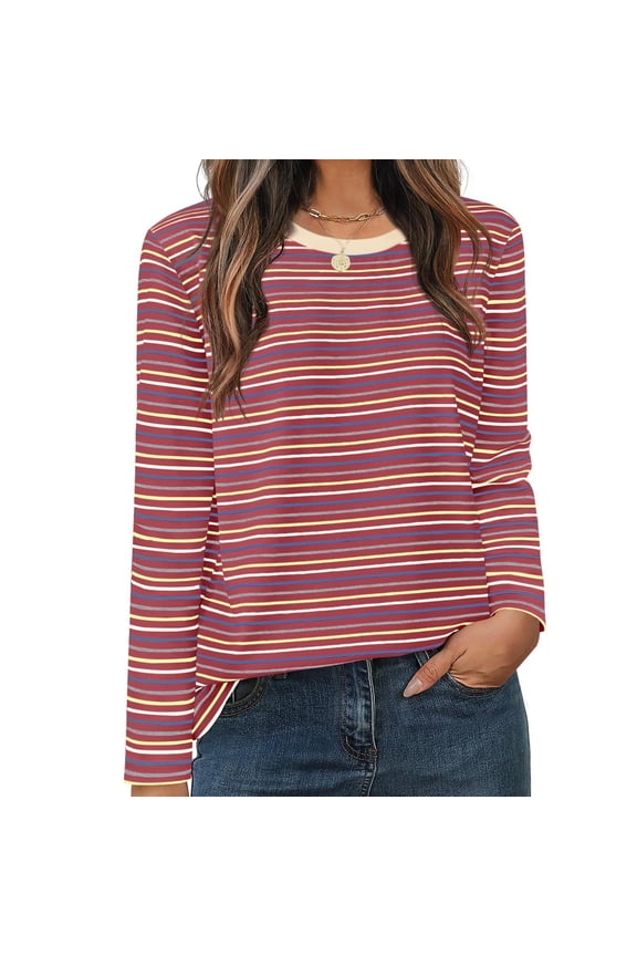 Stripe Tops for Women Casual Fashion Pullover Crewneck Long Sleeve Clothing Relaxed Fit Shirts Cozy Soft Base Layers Fall Winter Clothing