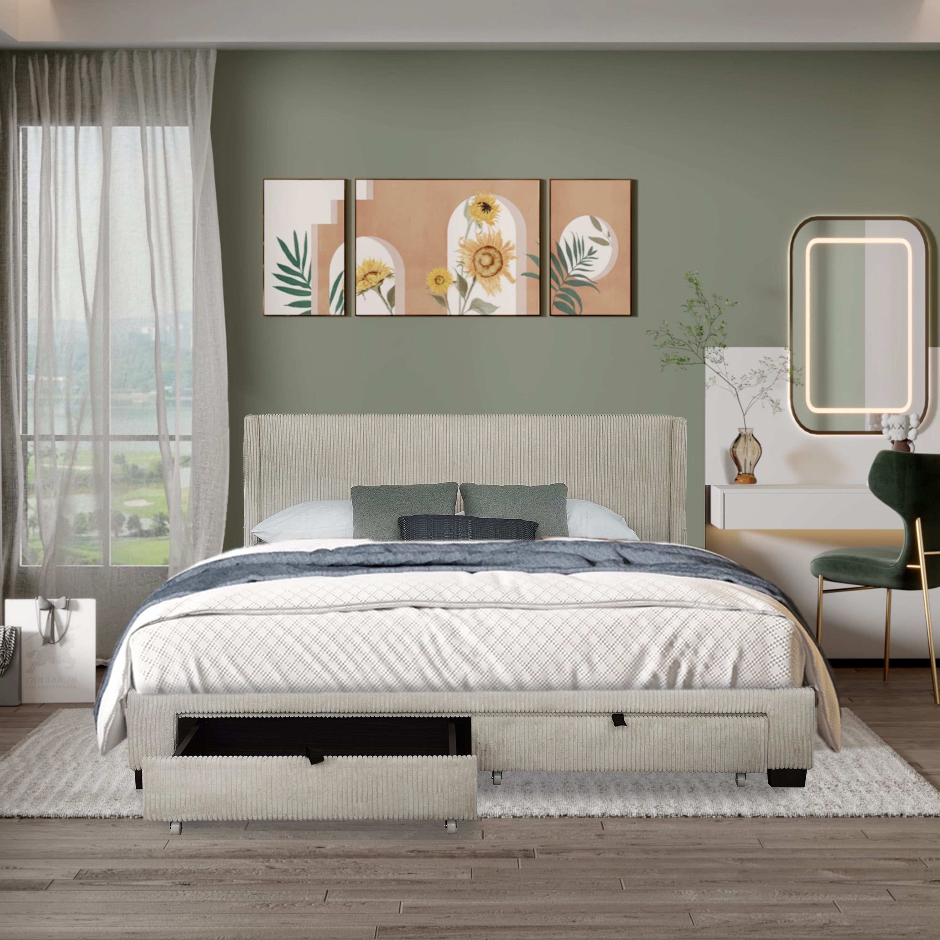 Stripe Velvet Queen Platform Bed with Wingback Headboard and Footboard