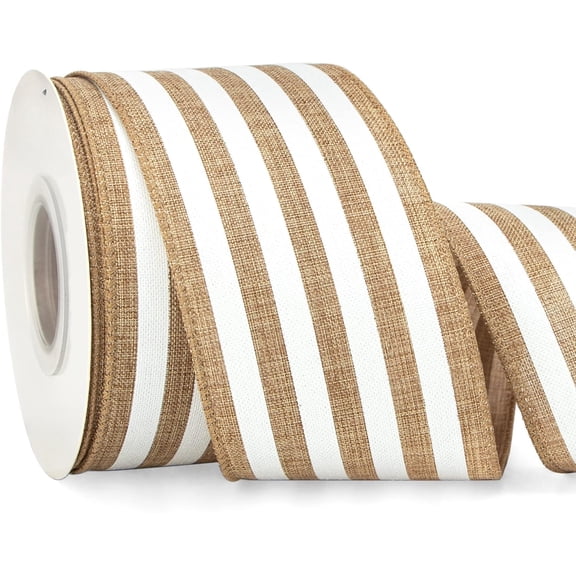 Stripe Wired Ribbon, 10 Yard, Horizontal Striped Burlap Ribbon for Craft, Rustic Wreath,Christmas Tree Decoration, Outdoor Decoration