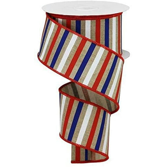Stripe Wired Ribbon, Blue Tan Red White, Accent Craft Supply to Make Wreath, 2.5 inch x 10 Yard, 4th of July, Americana, Patriotic RGA1205A1