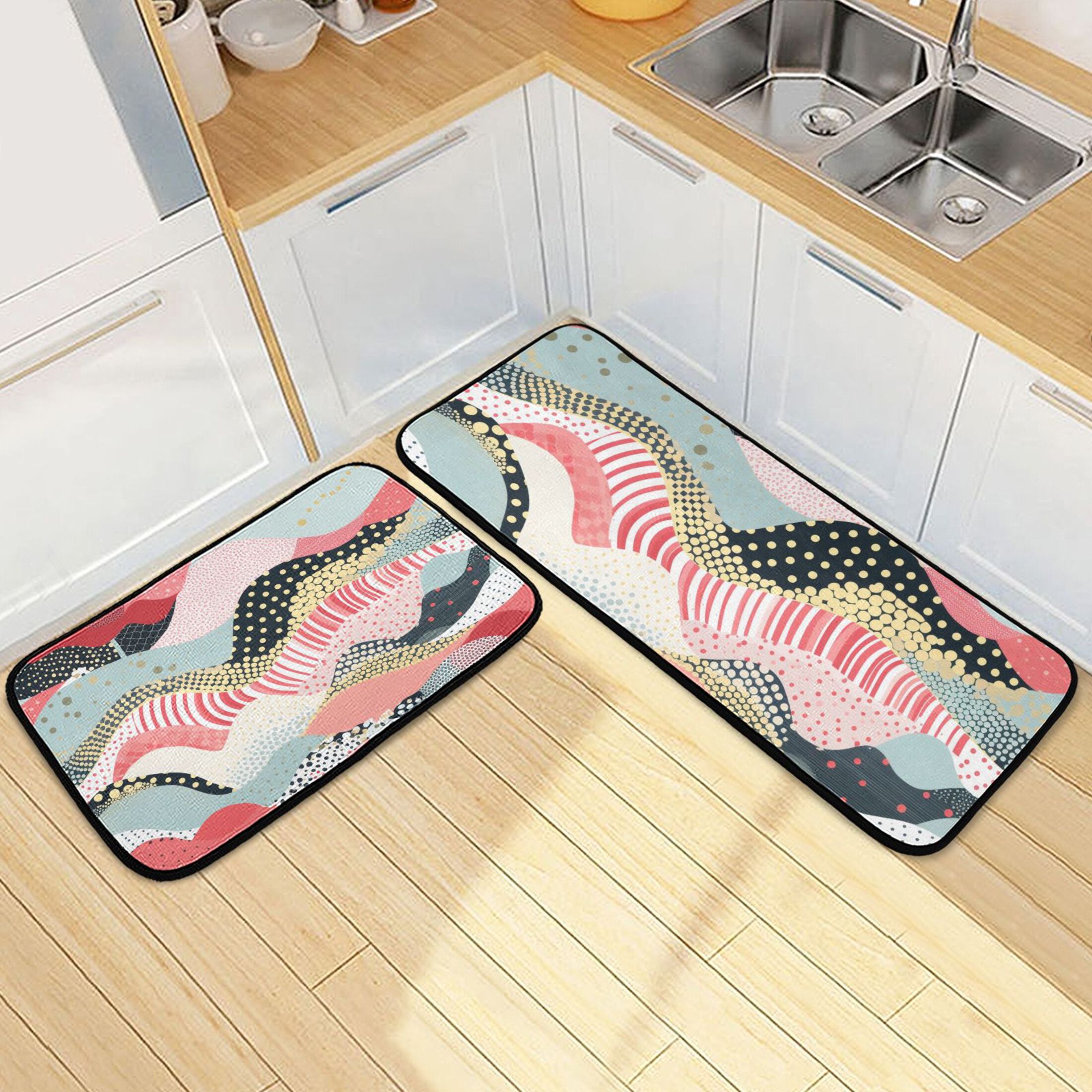 Stripe with Gold Kitchen Rugs Set of 2 Non Slip Floor Foam Mat