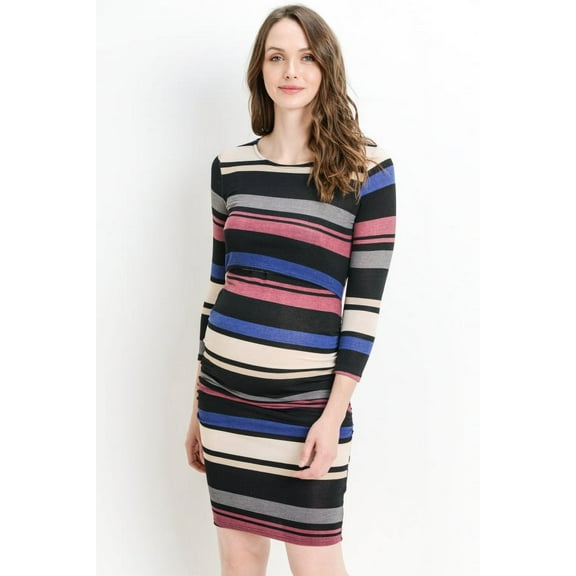 Striped 3/4 Sleeve Maternity Nursing Bodycon Dress