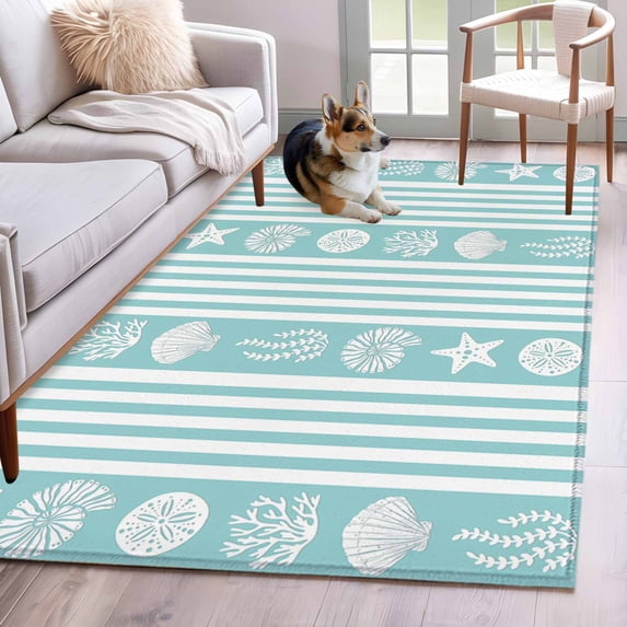 Striped 3x5 Area Rugs for Living Room, Ocean Turquoise Starfish Shell Jellyfish Coral Non Slip Floor Mat Washable Low-Profile Indoor Carpet for Bedroom, Dining Room, Bathroom