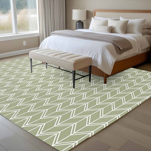 Striped 6x9 Rug for Dining Room Table and Chair Setup, Abstract Chevron White Line Sage Green Bohemian Low Pile Washable Non Slip Rectangle Area Rug