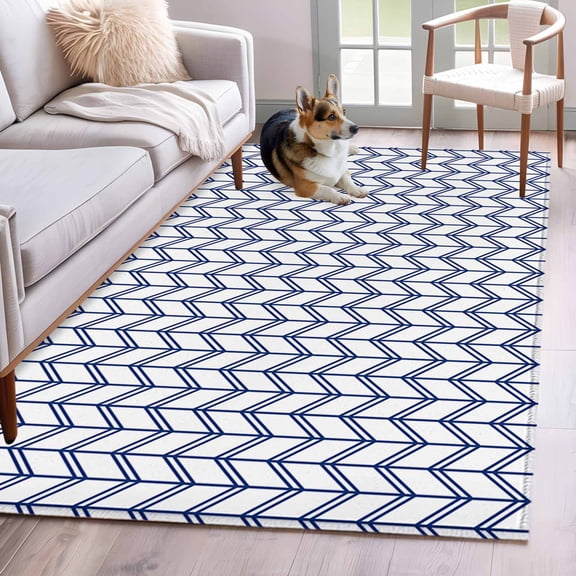 Striped Abstract Area Rugs 4x6 ft Chevron Pattern Navy Blue Line Simplicity Washable Rug Non Slip Indoor Carpet Absorbent Floor Mat for Living Room Bedroom Dining Room