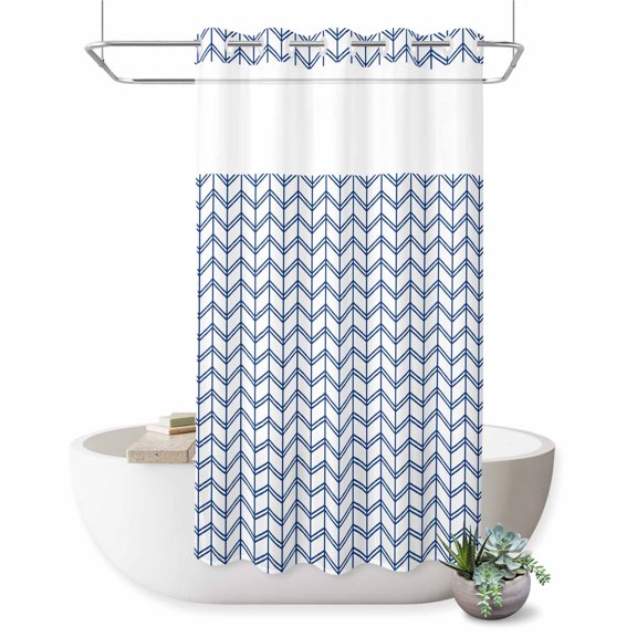 Striped Abstract No Hook Shower Curtain Chevron Pattern Navy Blue Line Simplicity Shower Curtain with See Through Top Window, Waterproof Washable Fabric Curtain for Bathroom Hotel Decor, 36Wx72L