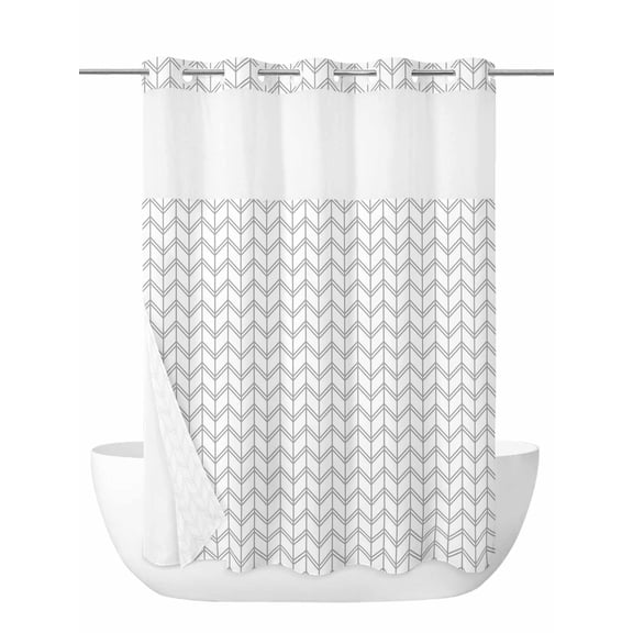 Striped Abstract No Hook Shower Curtain and Liner Set Chevron Pattern Gray Line Simplicity Shower Curtains with Snap-in Liner & See Through Top Window Hotel Style for Bathroom Decor 48x72 Inch