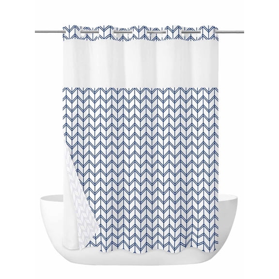 Striped Abstract No Hook Shower Curtain and Liner Set Chevron Pattern Navy Blue Line Simplicity Shower Curtains with Snap-in Liner & See Through Top Window Hotel Style for Bathroom Decor 48x72 Inch