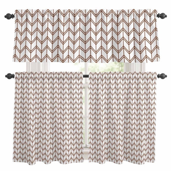 Striped Abstract Kitchen Curtains Valance and Tier Set Chevron Pattern Brown Line Simplicity Rod Pocket Short Curtains for Small Window 3 Pieces Set for Bedroom Bathroom Cafe (54" x 18"+27" x 36")