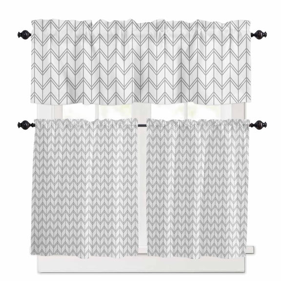 Striped Abstract Kitchen Curtains Valance and Tier Set Chevron Pattern Gray Line Simplicity Rod Pocket Short Curtains for Small Window 3 Pieces Set for Bedroom Bathroom Cafe (54" x 18"+27" x 24")