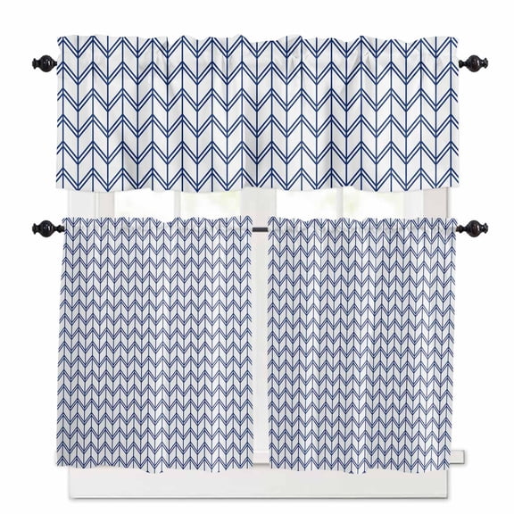 Striped Abstract Kitchen Curtains Valance and Tier Set Chevron Pattern Navy Blue Line Simplicity Rod Pocket Short Curtains for Small Window 3 Pieces Set for Bedroom Cafe (54" x 18"+27" x 24")