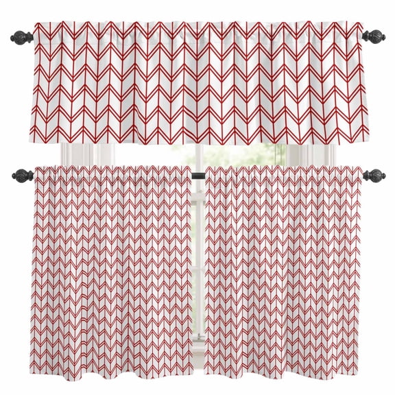 Striped Abstract Kitchen Curtains Valance and Tier Set Chevron Pattern Red Line Simplicity Rod Pocket Short Curtains for Small Window 3 Pieces Set for Bedroom Bathroom Cafe (54" x 18"+27" x 24")
